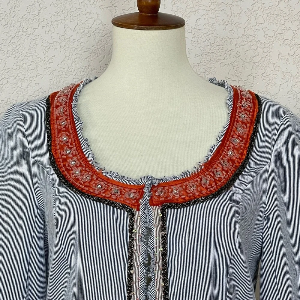 NWOT-Free People My Fair Lady embellished   trim blue pinstripe cropped jacket - Picture 4 of 9